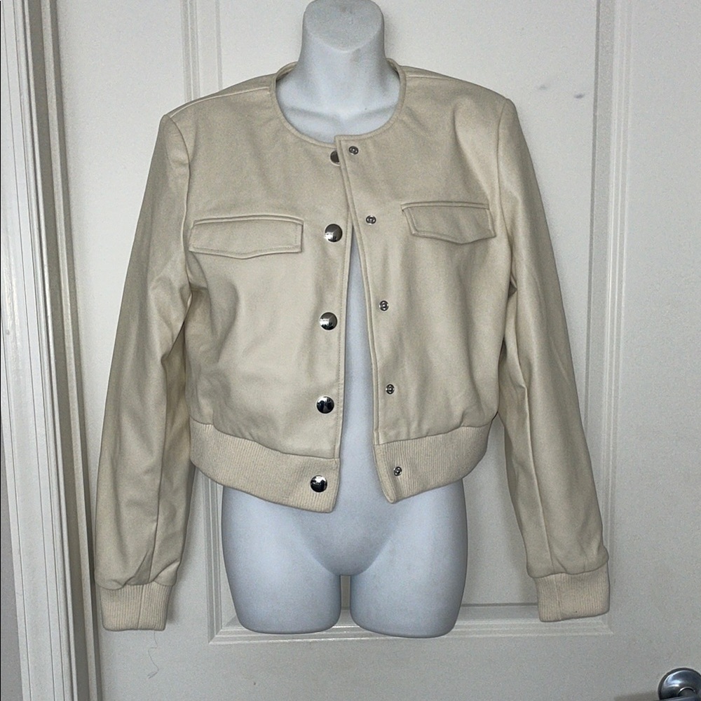 Cream Bomber Jacket with Cropped Style and Relaxed Fit